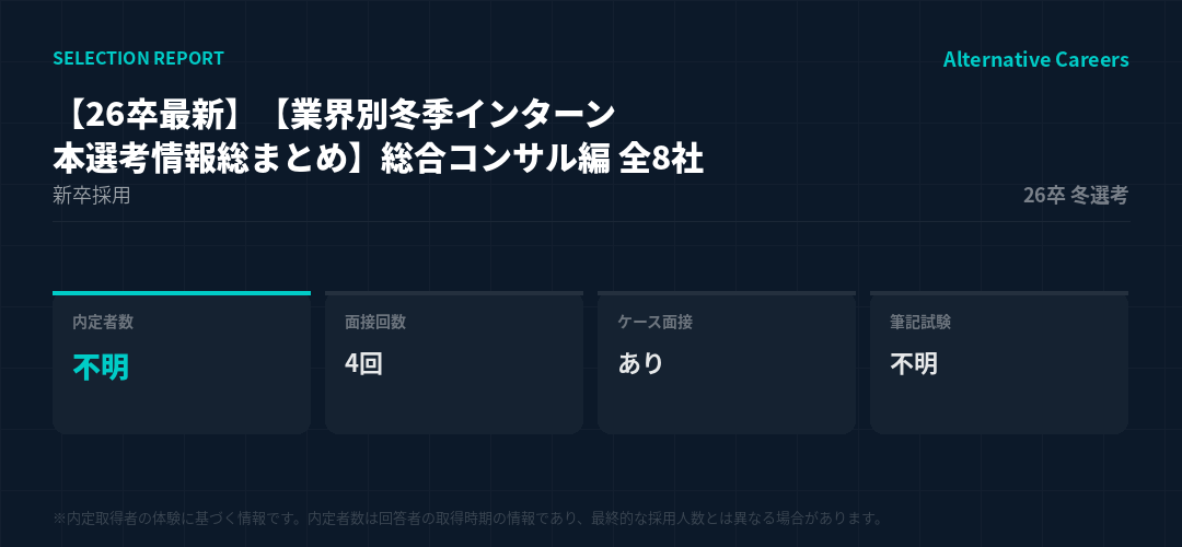 【26卒最新】【業界別冬季インターン・本選考情報総まとめ】総合コンサル編 全8社 26卒冬選考 選考データ